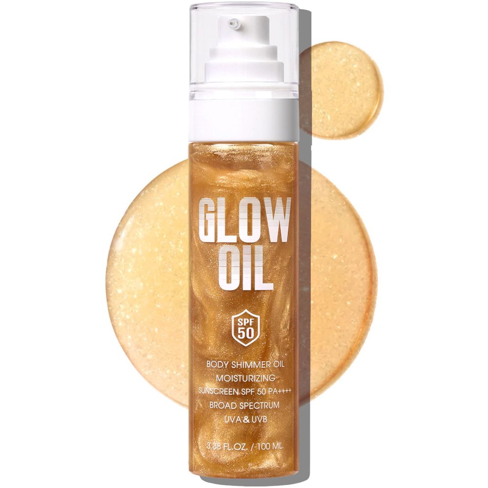 Body Glow Oil, Broad Spectrum SPF 50, Glitter Shimmer Sunscreen Body Oil Lotion with Sequin Mica, Lightweight Non-Sticky Moisturizer with Coconut, Skin Illuminator Glowing Results (01# Golden Amber)