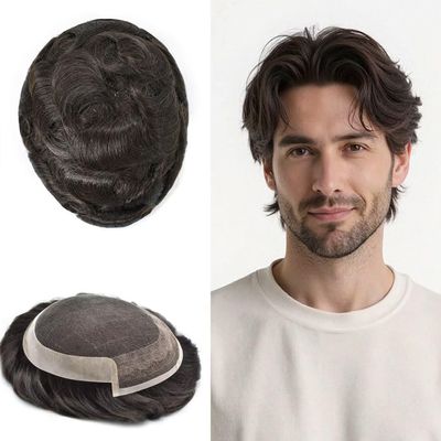 FNY HAIR Toupee for Men French Lace Front Mens Toupee Human Hair Replacement Systems Fine Mono Man Hairpieces Black Brown Blonde Gray Hairpiece 6"X8" #2 Darkest Brown-80% Light Density