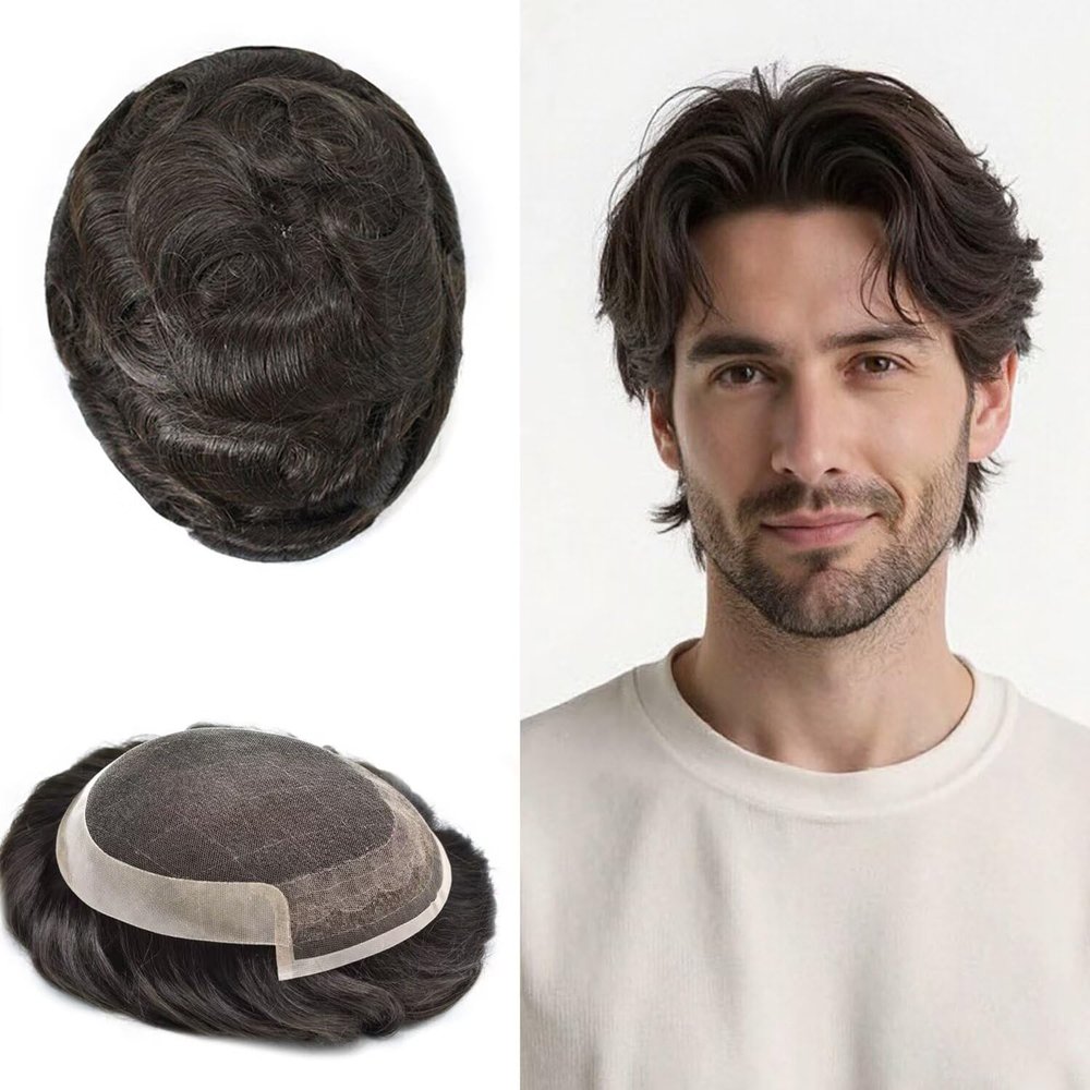 FNY HAIR Toupee for Men French Lace Front Mens Toupee Human Hair Replacement Systems Fine Mono Man Hairpieces Black Brown Blonde Gray Hairpiece 6"X8" #2 Darkest Brown-80% Light Density