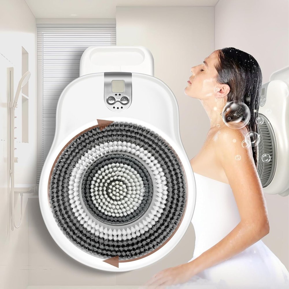 Electric Shower Body Brush, 3-Speed Adjustment Wall Mounted Back Scrubber for Shower, Rotating Head, 360 Auto Clean & Massage, No Drilling Design(3brushes)