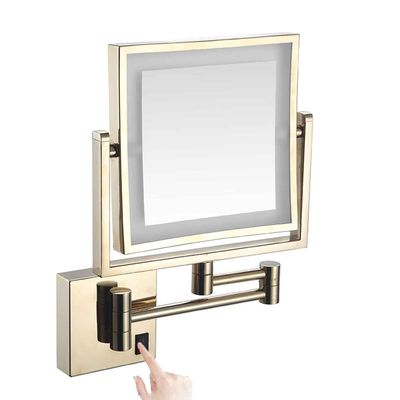 8 Inch Wall Mounted Square LED Lighted Makeup Vanity Mirror Dual Sided HD 1X/3X Magnifying Shaving Mirror, 360 Swivel Foldable Brass Cosmetic Mirror Zirconium Gold,Hardwired