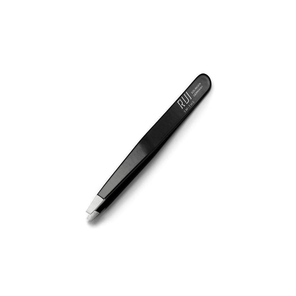 Rui Smiths Professional Slanted Tweezers | Precision German Stainless Steel Eyebrow Tweezers, Aligned Tips, Matte Black Finish