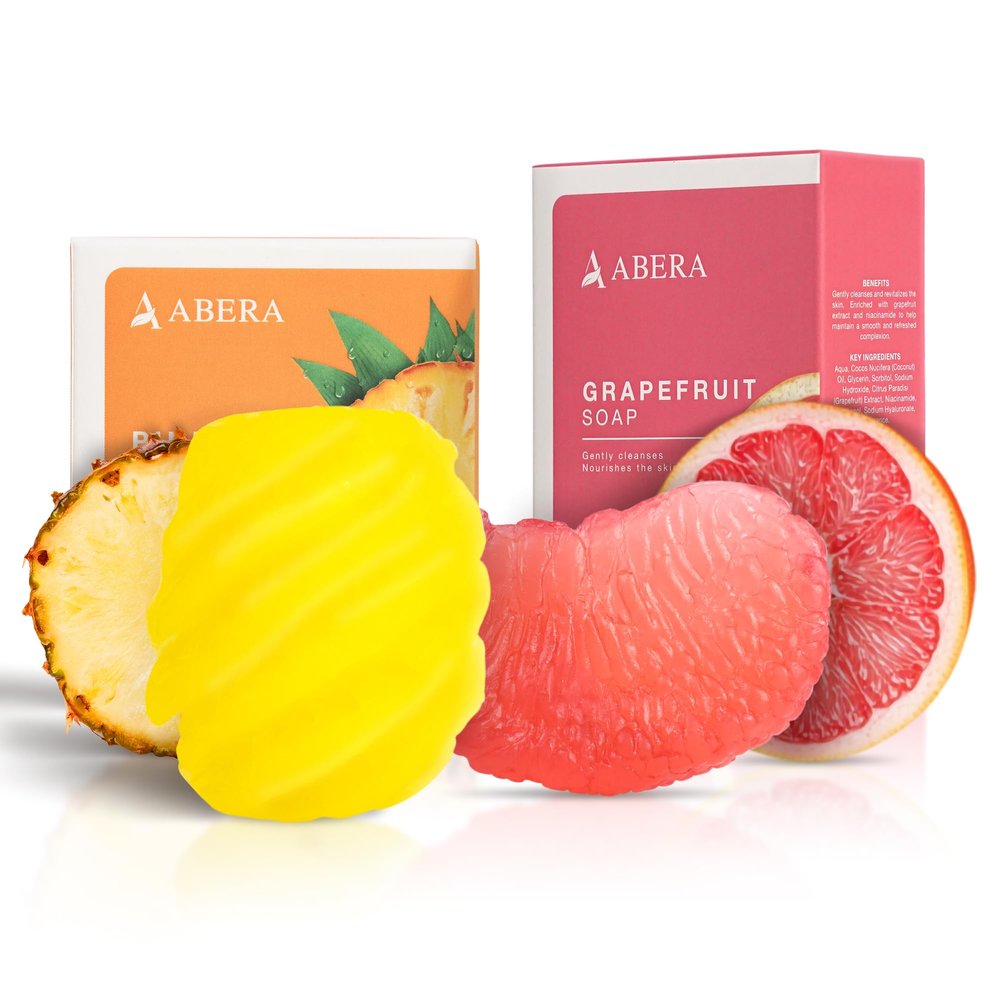 ABERA Pineapple & Grapefruit Soap Bars  Fruit-Shaped Decorative Soap Set with Tropical Citrus Scent, Moisturizing Vegan Body Cleanser, Unique Gift Set, 2 Pack (4.6 oz Total)