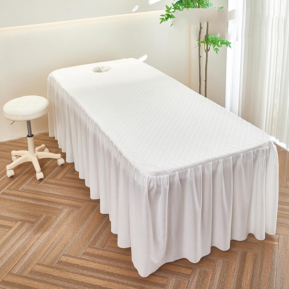 A/White,70x190(R),LDLCYCN Massage Table Bedskirt with Face Hole Comfortable Soft Spa Bed Cover with Skirt Beauty Salon Bedskirt with Elastic Band Skin-Friendly Massage Table Bed Cover
