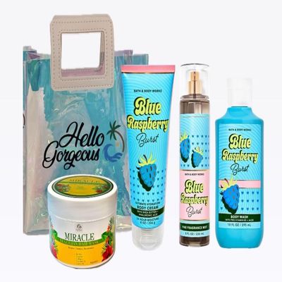 Blue Raspberry Burst -White BarnBath Body/Work -Premium Beauty - Full Size and Hello Gorgeous Gift Bag With MIRACLE HAIR MASK (Packaging May Vary)