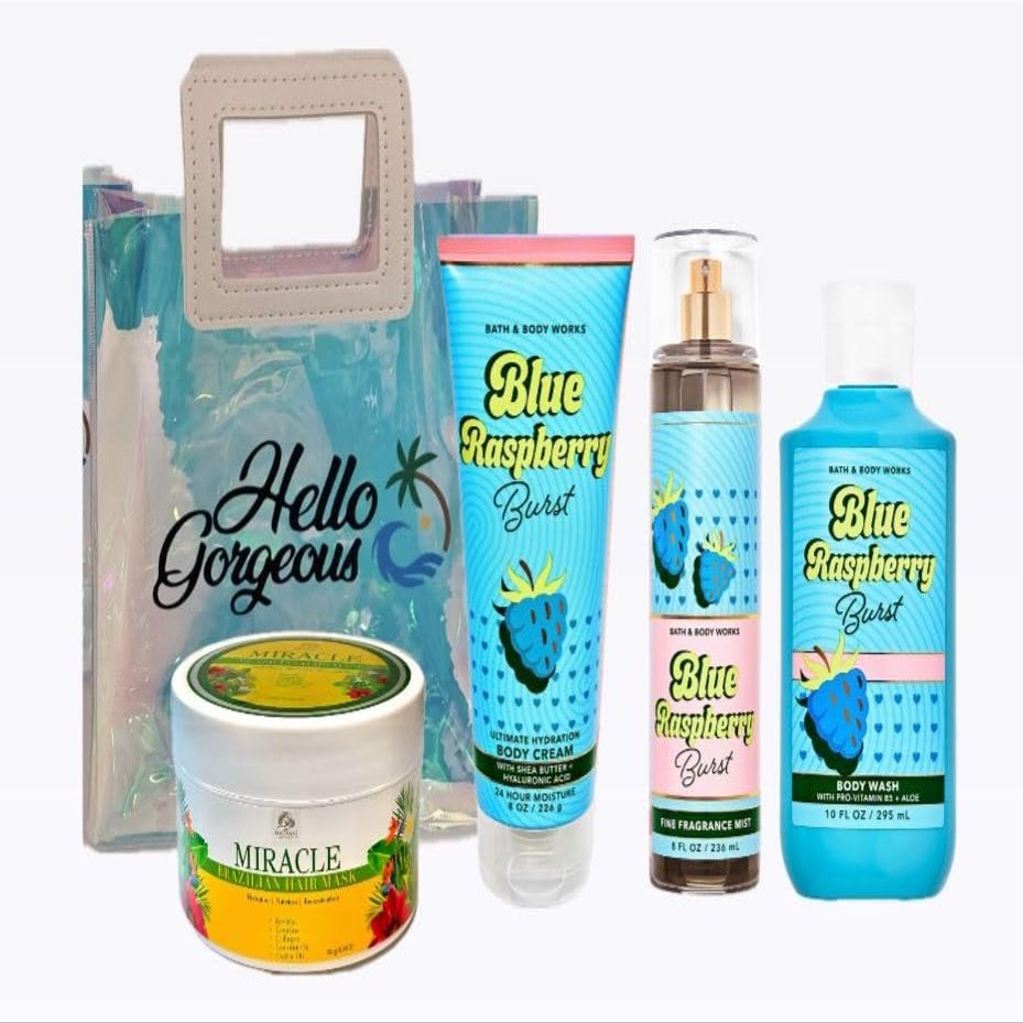 Blue Raspberry Burst -White BarnBath Body/Work -Premium Beauty - Full Size and Hello Gorgeous Gift Bag With MIRACLE HAIR MASK (Packaging May Vary)