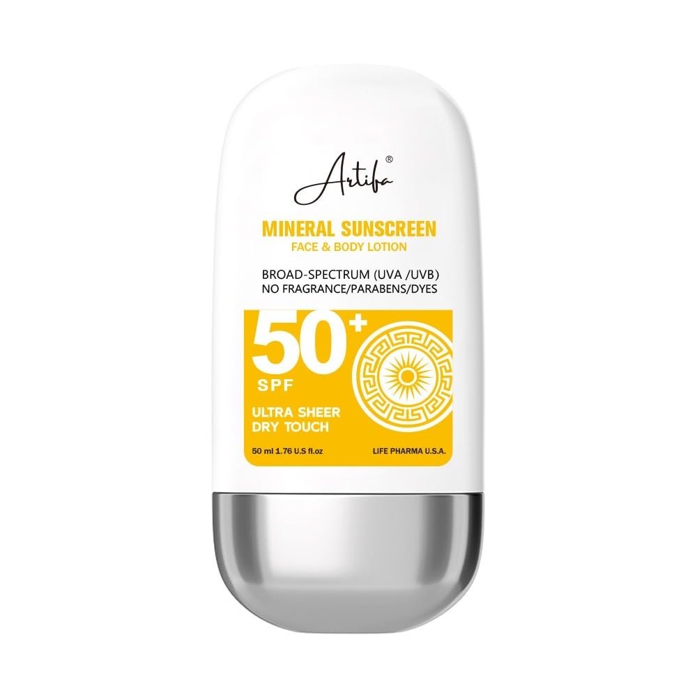 Artifa Mineral Unscented Sunscreen Lotion Broad Spectrum UVA/UVB SPF 50 1.69 US FL OZ 50 ML Paranbens-Free Non-Greasy Dry-Touch Sweat & Water Resistant