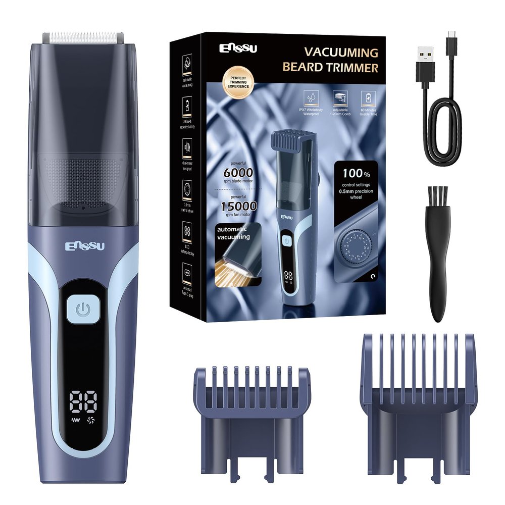 ENSSU Beard Trimmer for Men - Vacuum Mustache Trimmer with Adjustable 20 Length Setting for Less Mess,IPX7 Waterproof Rechargeable Electric Mens Beard Trimmer for Precision Facial Hair, Sideburns