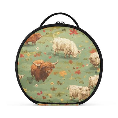 senya Round Cosmetic Pouch Travel Makeup Train Case Organizer Bag Portable Makeup Brushes Toiletry Jewelry Accessories Highland Cattle Meadow Pattern