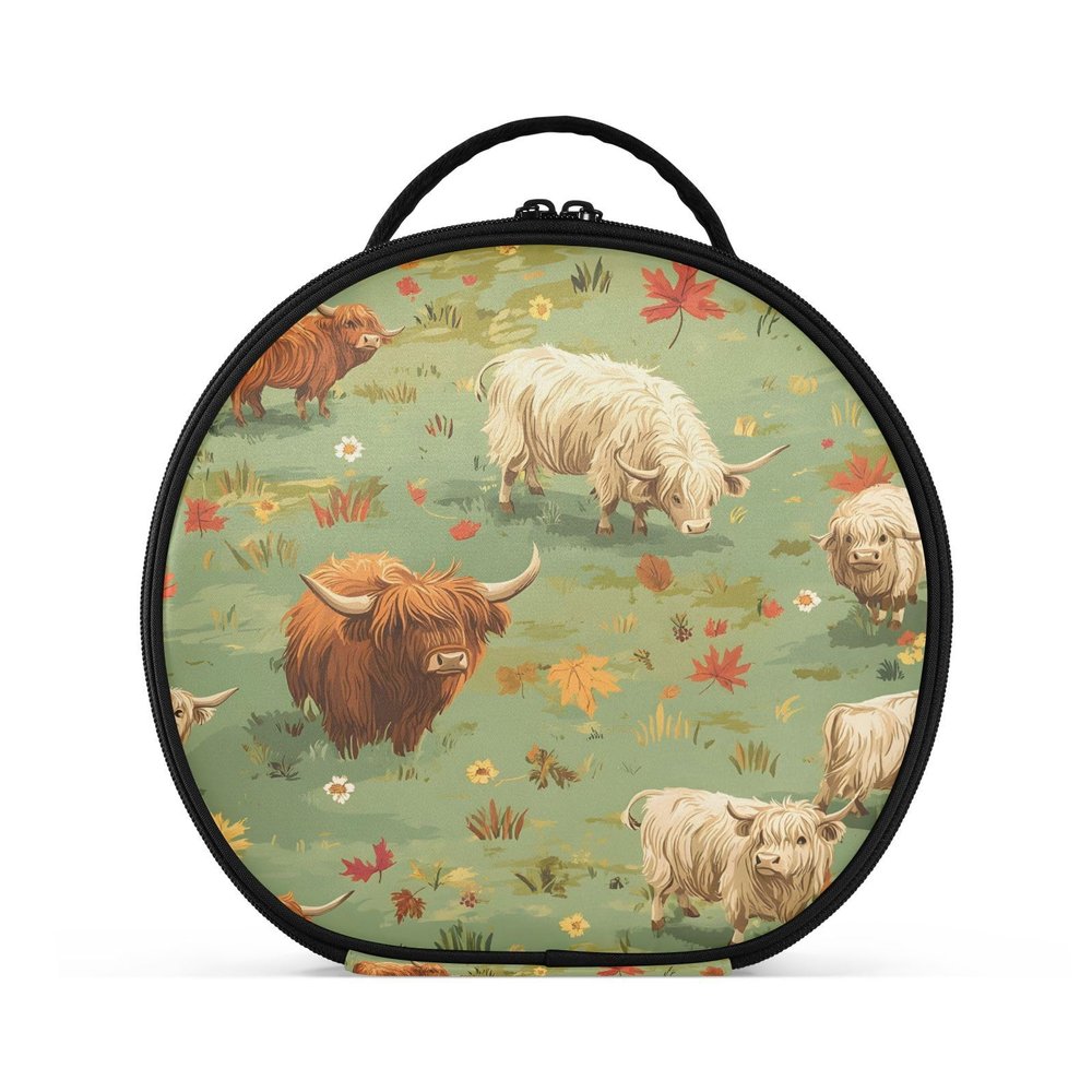senya Round Cosmetic Pouch Travel Makeup Train Case Organizer Bag Portable Makeup Brushes Toiletry Jewelry Accessories Highland Cattle Meadow Pattern