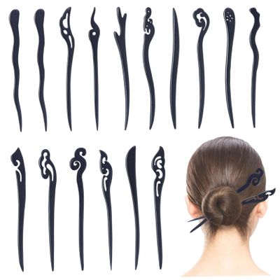 16Pcs Chinese Hair Sticks, Black Plastic Hair Chopsticks for Women 16 Styles Vintage Sticks for Buns Pins Barrettes for Long Styling Accessories Chinese