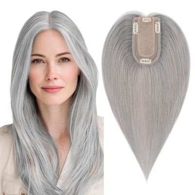 SEGO Grey Hair Toppers for Women Real Human Hair No Bangs, 7 * 13 CM Silk Base Clip In Topper Wiglet, Top Pieces Add Volume -14 Inch G1 Silver Grey