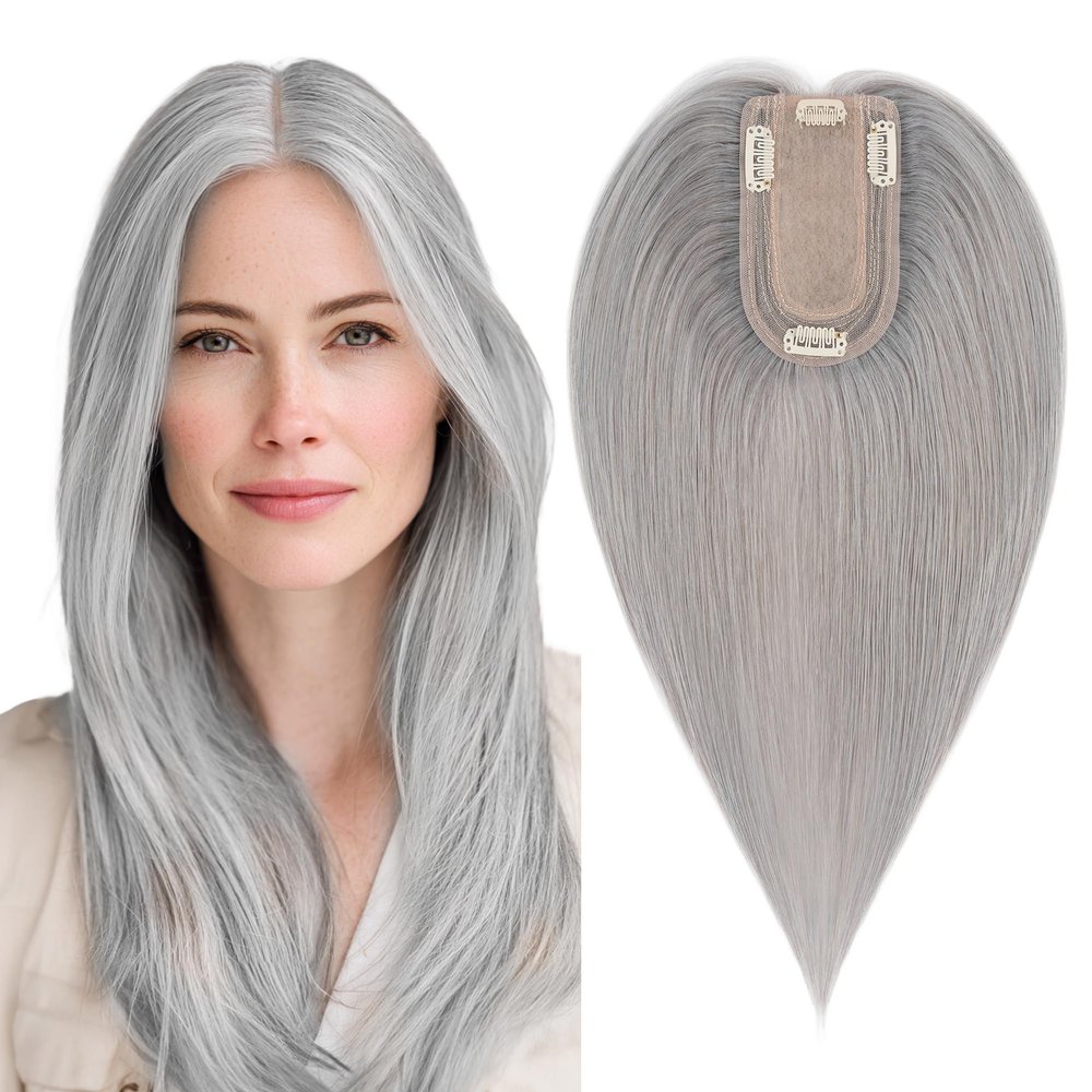 SEGO Grey Hair Toppers for Women Real Human Hair No Bangs, 7 * 13 CM Silk Base Clip In Topper Wiglet, Top Pieces Add Volume -14 Inch G1 Silver Grey
