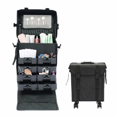 DELOPVIO Professional Rolling Makeup Case w/Wheels, Freelance Makeup Artist Nylon Cosmetic Organize Storage, Large Cosmetic Trolley Suitcase for Hairstyling, Home-care, Groomer