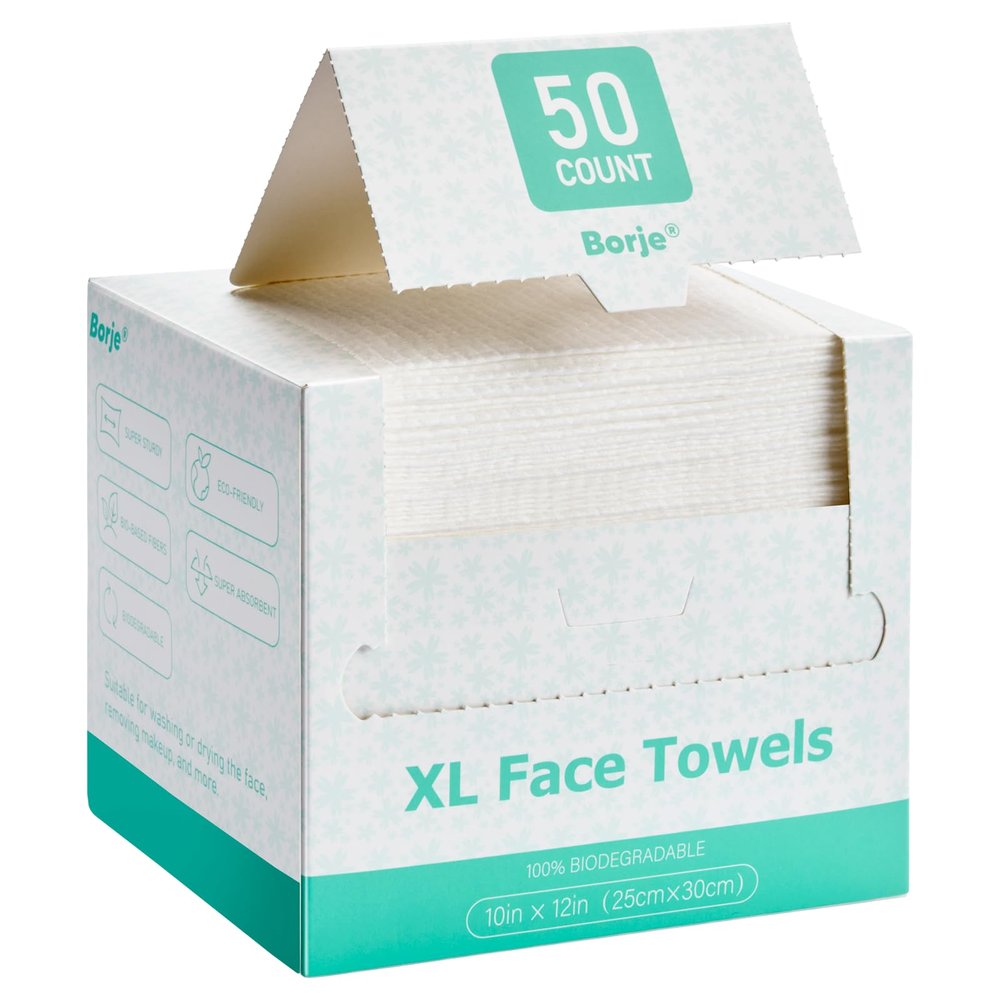 Borje Face Towels XL, Disposable Face Towel 10" x 12", 50 Count, 100% USDA Biobased Facial Towelettes, Ultra Soft & Thick Makeup Remover Wipes for Women Cleansing