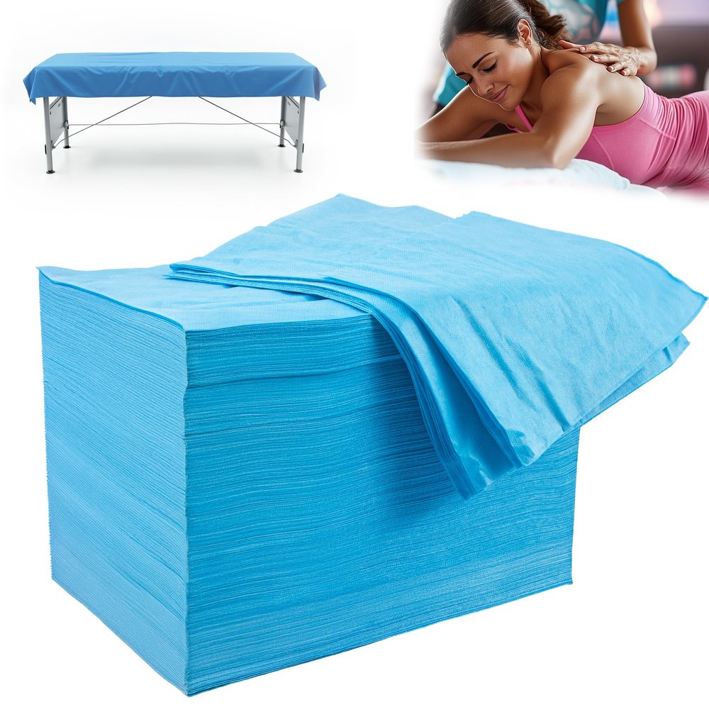 100 Pack 31" x 71" Disposable Non-Woven Massage Table Bed Covers - 2-Ply Waterproof Spa Sheets for Facial, Tattoo & Waxing. (blue 100pc)
