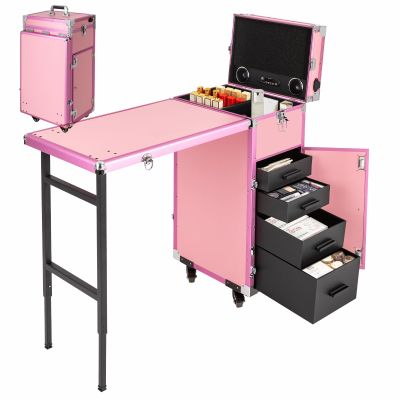 YIYIBYUS Portable Rolling Manicure Table for Nail Teach w/Audio, Professional Makeup Storage Manicure Dressing Table with Wheels 4 Drawers, Cosmetology Travel Case Workstation Artist