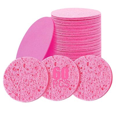 60-Count Compressed Facial Sponges Natural Cellulose - Reusable Professional Face Sponge for Cleansing, Exfoliating & Makeup Removal, Gentle Spa Skincare Tools for Travel Home Bath (pink)