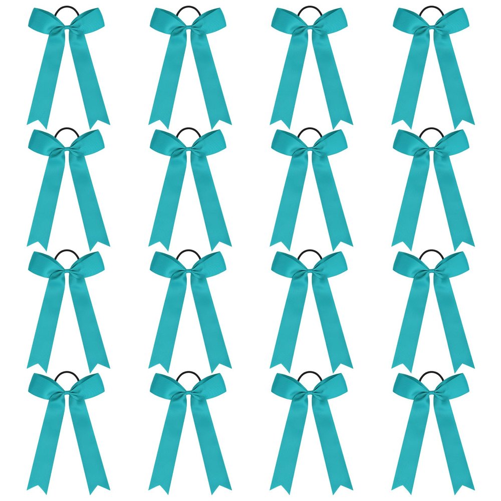 DEEKA 16 PCS Collegiate Style Cheer Bows Long Tail Skinny Bow Handmade Elastic Band Ponytail Holder for Girls Teens Softball Cheerleader Sports -Teal