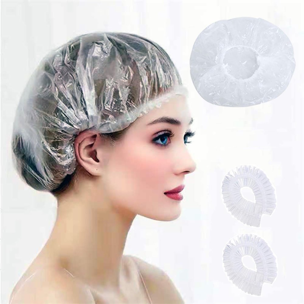 100 PCS Disposable Shower Caps Thickened Waterproof Hair Bath Caps for Women Men Girls Travel Spa Hotel Home Use Salon - Multi-Purpose Elastic Plastic Clear Shower Caps, Essentials Accessories(20.5")