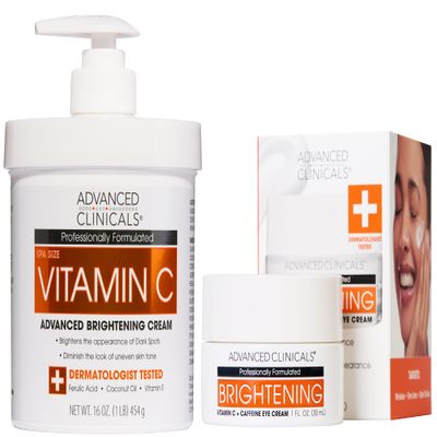 Advanced Clinicals Brightening Vitamin C Body Cream Lotion + Vitamin C & Caffeine Eye Cream Face Moisturizer Skin Care Set For Women, Men, & Dark Spots, 2pc Bundle