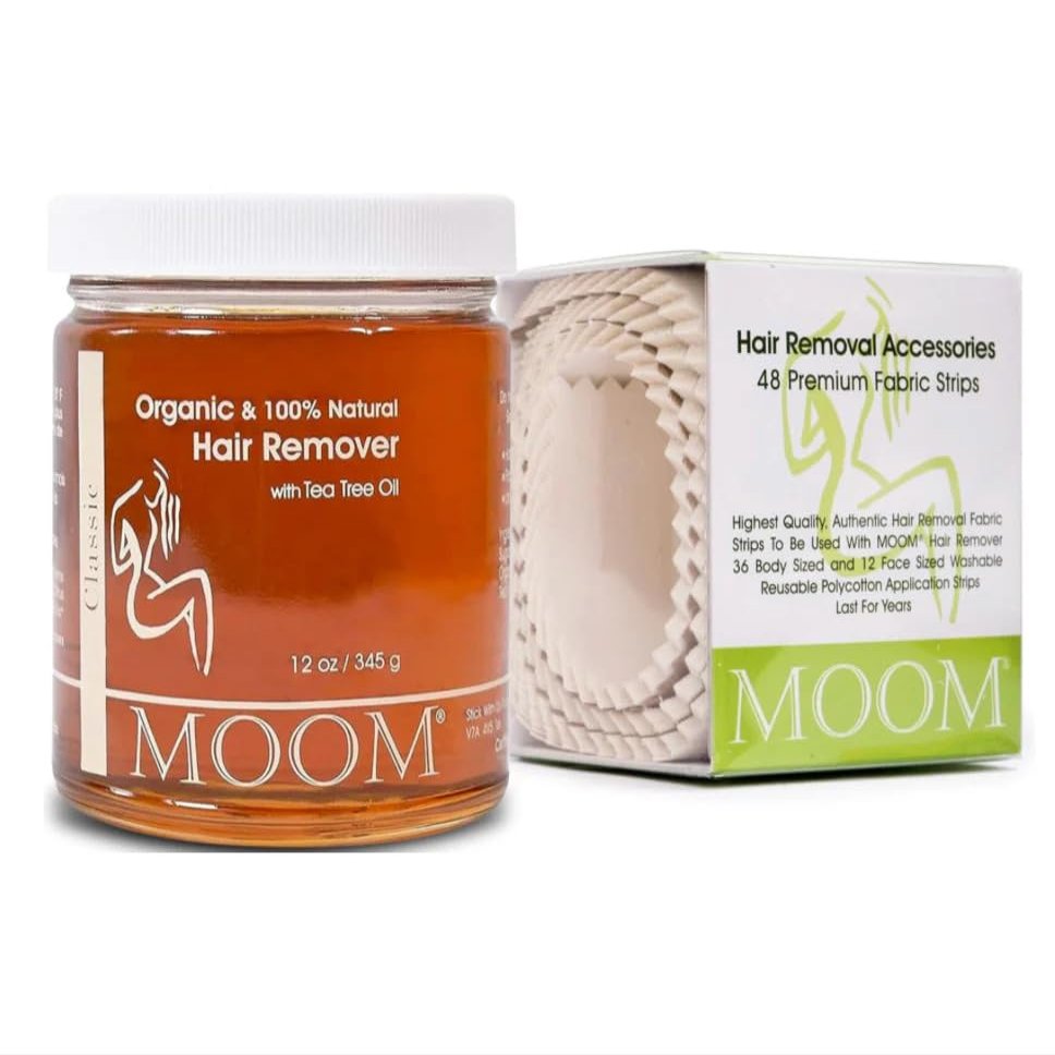 MOOM Organic Sugar Wax with Tea Tree Oil (12 oz) + 48 Reusable Polycotton Waxing Strips Gentle Hair Removal Kit for Face, Bikini, Legs & Body Natural & Vegan for Women & Men (Sticks NOT Included)
