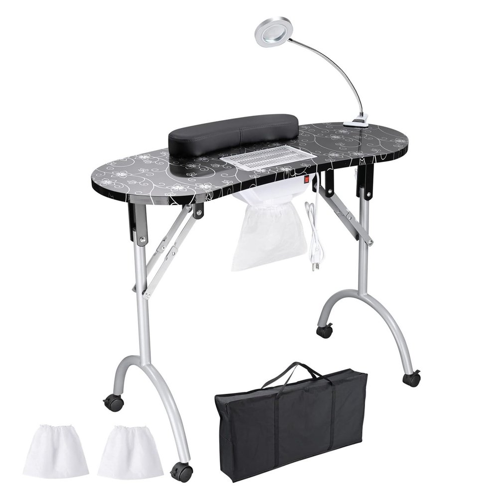 SXXZYAZJ Nail Table Portable Manicure Table with Dust Collector & LED Lamp, Manicure Table Foldable, for Home Spa Beauty Salon Mobile Nail Tech (Color : Svart)