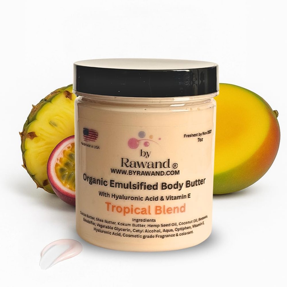 ByRawand Handmade Emulsified Body butter with Shea, Kokum & Cocoa butter based with natural oils - non greasy, moisturizing & Rich, Mangos, Passionfruit & Pineapple scented (Tropical Blend)