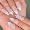 BQZQPAMZ 24pcs Press On Nails Medium Almond With 3D White Bow Rhinestone Design Pearl Gem French Tip Fake Nails Acrylic Artificial Fingernails for Women Nail Art Supplies view 1