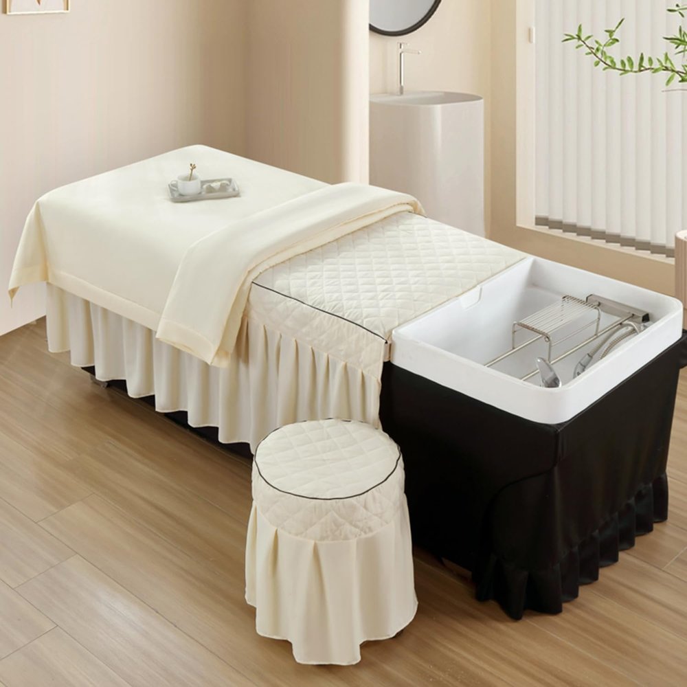 LDLCYCN Beige,70 * 155cm(3PCS), Massage Table Bedskirt with Stool Cover Quilt Set Shampoo Bed Cover Beauty Salon Mattress Cover Skin-Friendly SPA Bed Cover Massage Table Accessories Washable