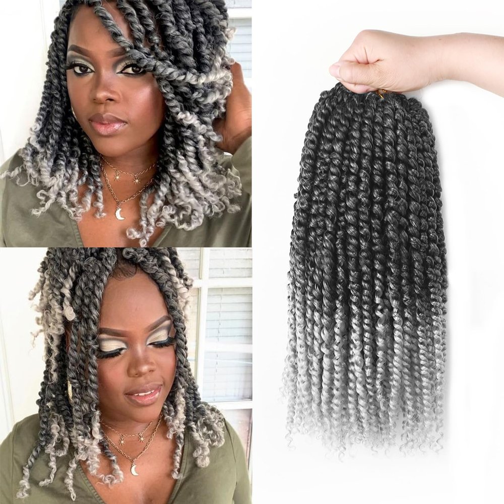 Pre-twisted Passion Twist Crochet Hair 14 Inch 8 Packs Crochet Passion Twist with Curly Ends, Ombre Grey Pre Looped Passion Twist Hair Crochet Twist Braids Bohemian Crochet Hair for Black Women