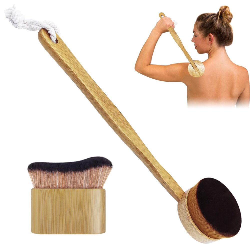 2-Piece Self Tanner Brush Set Long Handle Lotion Applicator For Back and Kabuki Brush for Self Tanner, Body Makeup Brush for Bronzer, Creams, Mousse & Sunless Tanners