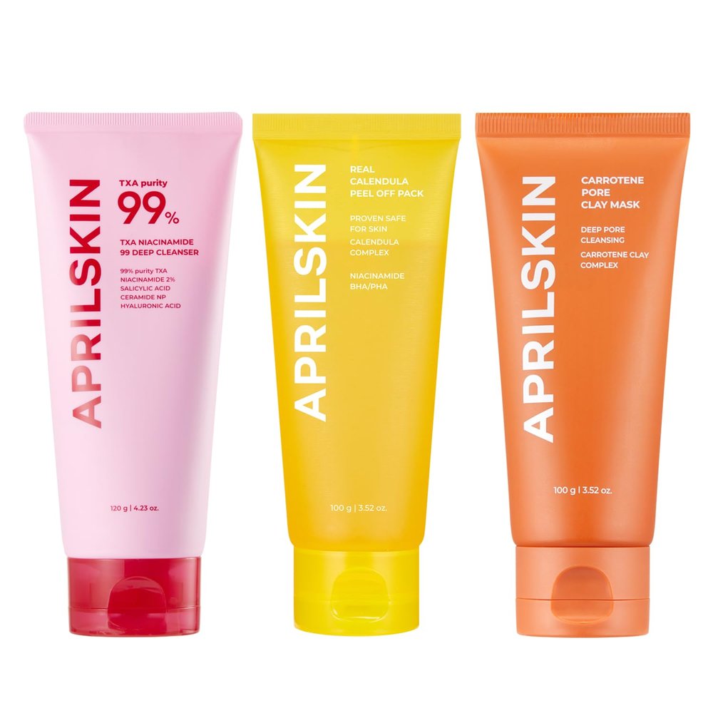 APRILSKIN Ultimate Blackhead & Pore Care Trio: TXA Niacinamide Pore Care Pink Bubble Gum Deep Cleanser, Calendula Facial Peel Off Mask & Carrotene IPMP 3-Min Pore Caring Clay Mask