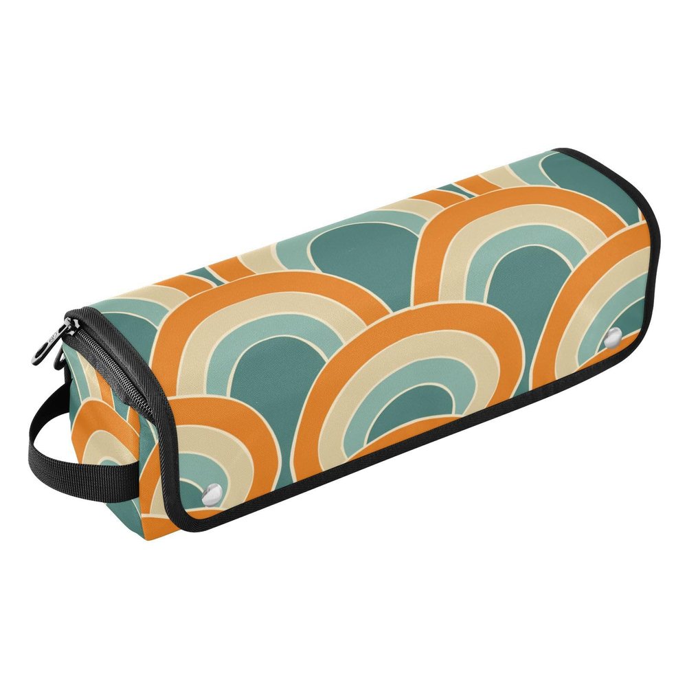 2-in-1 Curling Iron Travel Case and Heat Resistant Mat with Zipper Waterproof Portable Open Flat Travel Bag for Flat Iron Hot Tools and Haircare Accessories, Orange and Teal Seamless Pattern