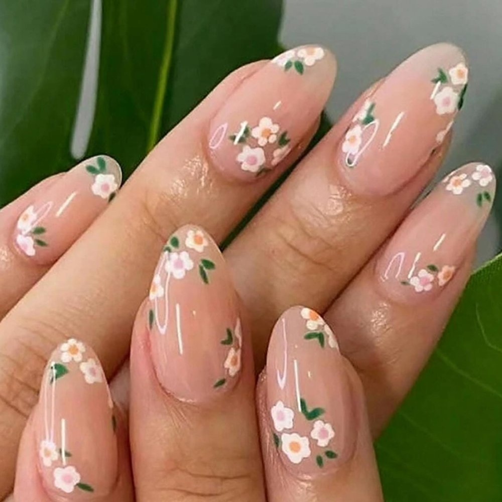 BQZQPAMZ 24pcs Nude Almond False Nails Spring Flowers Press on Nails Medium with Glue Green Leaves Design Stick on Nails Full Coverage Acrylic Nails Women Nail Art Supplies