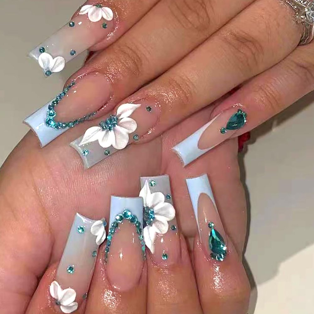 BQZQPAMZ Blue French Tip Press On Nails White Flower Stick On Nails With 3D Blue Flat Rhinestones Reusable Acrylic Fake Nails Spring Summer Fingernails for Women Nail Art Supplies-24pcs