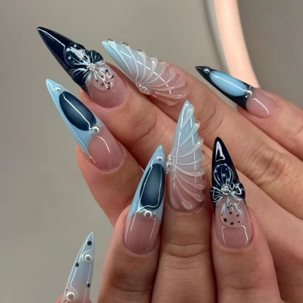 BQZQPAMZ 24Pcs French Tip Press On Nails Blue Black Long Almond Fake Nails Flower False Nails Glue On Nails Acrylic Nail Art Supplies for Women DIY Manicure Decoration