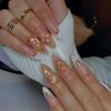 BQZQPAMZ White French Tip Press on Nails Gold-Stamped Pink Flower Fake Nails Medium Almond Shaped With Glue Reusable Full Coverage Acrylic Nails for Women DIY Spring Glossy Manicure Supplies view 1