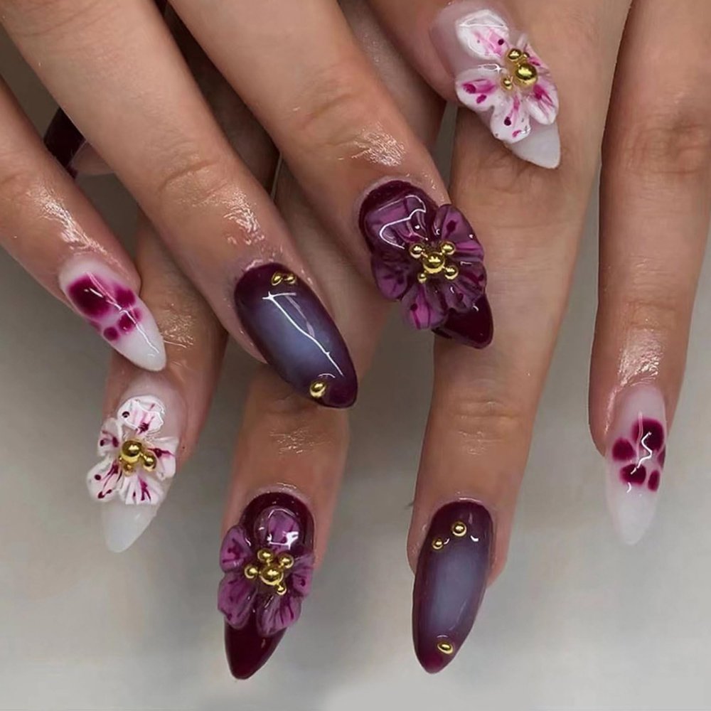 BQZQPAMZ 30pcs Flower Press On Nails Medium Length, Purple Pink Floral Design Fake Nails With Glue Reusable Full Coverage Acrylic False Nails for Women DIY Spring Nail Art Supplies