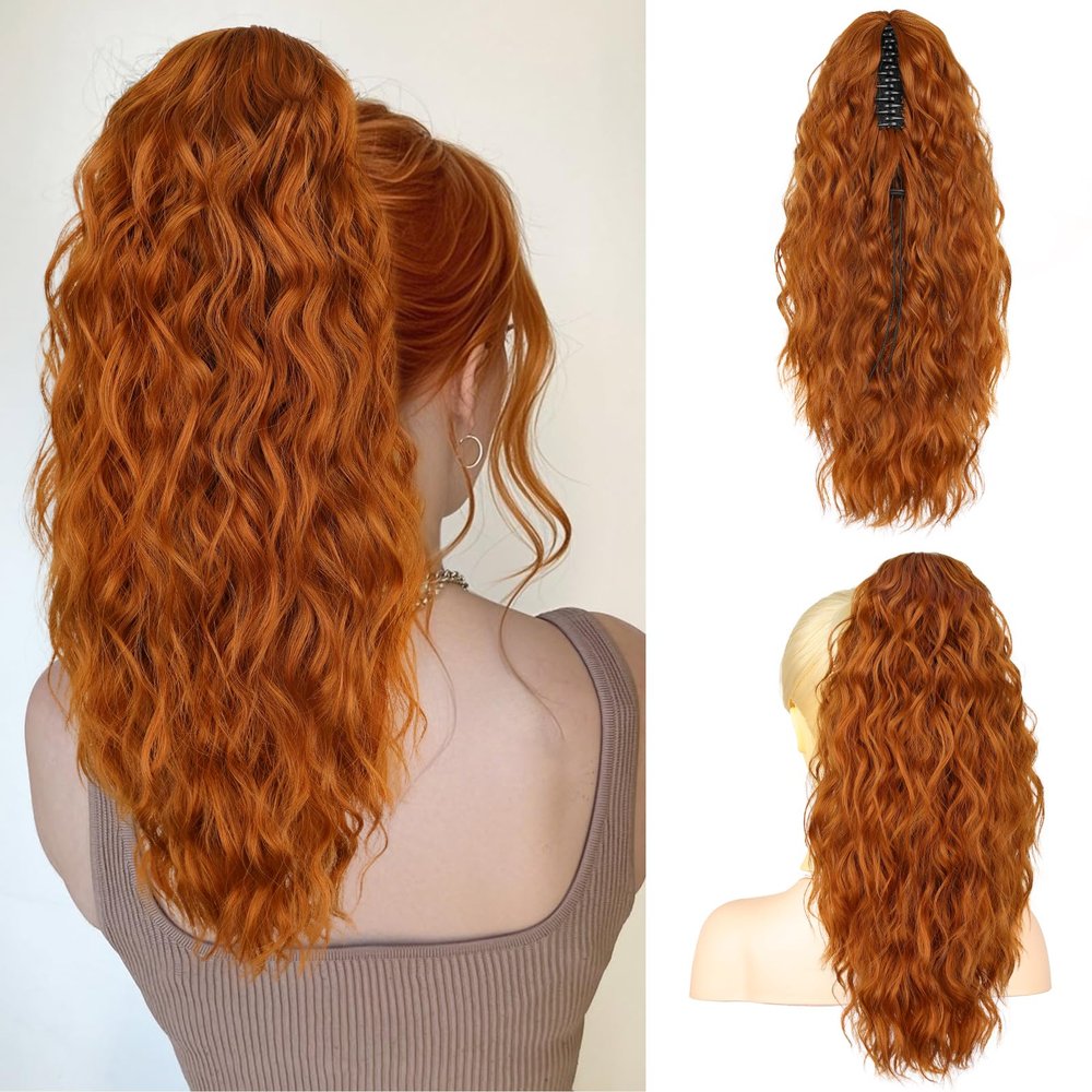 RONTAYA Ponytail Extension, Ginger Orange Claw Clip Ponytail Extensions for Women, Multi Layered Fluffy Thick Wavy Jaw Clip in Fake Pony Tails Fake Hair Soft Synthetic Hairpiece