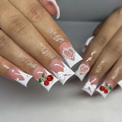 BQZQPAMZ 24pcs Duckbill Shaped Press On Nails Medium French Tip False Nails with 3D White Bow Pearl Cherry Pattern Nail Charms Full Coverage Acrylic Stick on Nails for Women Nail Gift