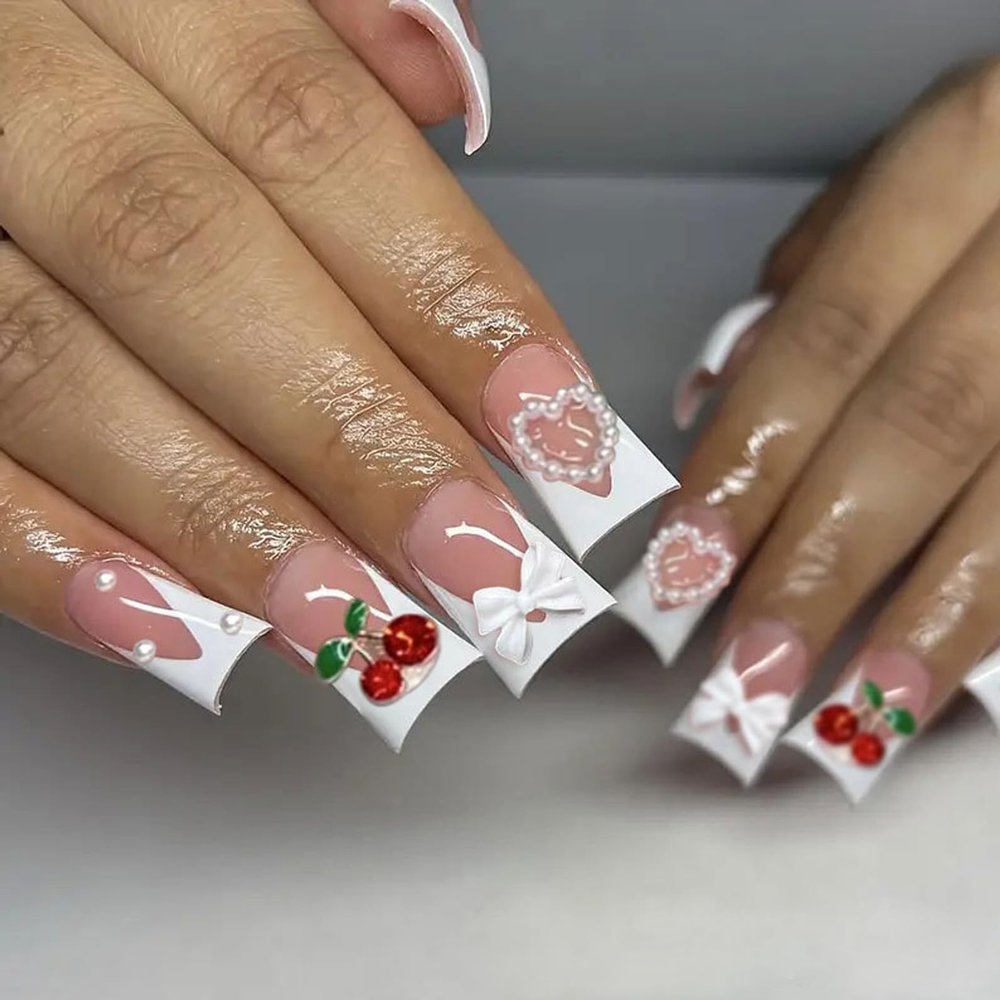 BQZQPAMZ 24pcs Duckbill Shaped Press On Nails Medium French Tip False Nails with 3D White Bow Pearl Cherry Pattern Nail Charms Full Coverage Acrylic Stick on Nails for Women Nail Gift