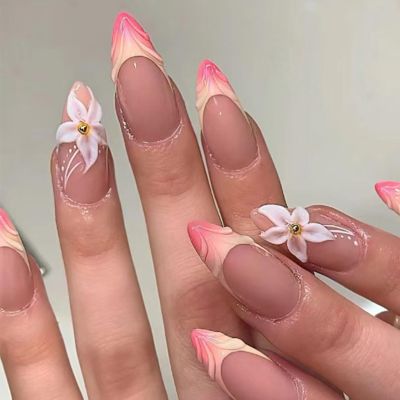 BQZQPAMZ Flower Fake Nails Medium Almond Shape Pink Gradient French Tip Press On Nails Full Cover Glossy Glue On Nails Press Nails With Charms Artificial Stick On Nails for Women Nail Art Supplies