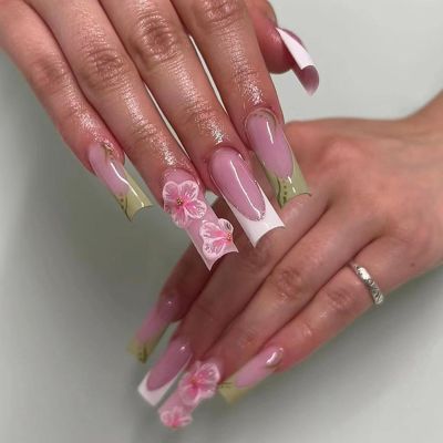 BQZQPAMZ 3D Flower False Nails With Glue Coffin French Tip Press On Nails Green White Stick On Nails Artificial Nails Long Full Coverage Acrylic Nail Women Spring Nail Art Supplies-24pcs