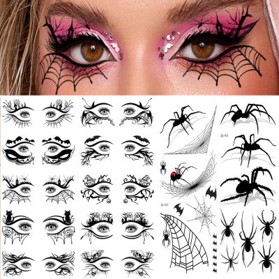 12 Sheets Halloween Decorations, Halloween Eyeliner Temporary Tattoos, Skull Bat Eyeliner Temporary Tattoos for Adults, Spider Eye Stickers Tattoo Eyeliner, Halloween Party Favors Fake Tattoos