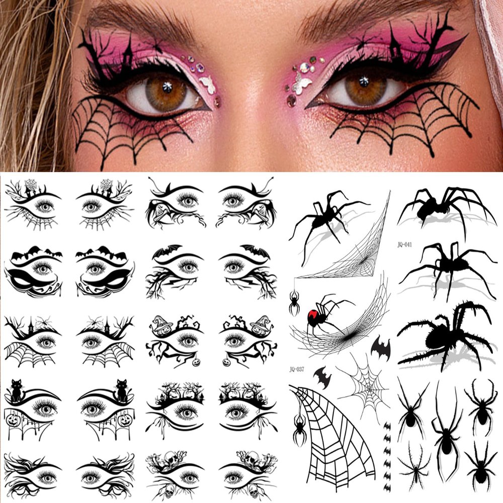 12 Sheets Halloween Decorations, Halloween Eyeliner Temporary Tattoos, Skull Bat Eyeliner Temporary Tattoos for Adults, Spider Eye Stickers Tattoo Eyeliner, Halloween Party Favors Fake Tattoos
