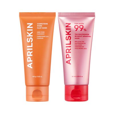 APRILSKIN Pore Care & Overnight Glow Duo: Carrotene IPMP 3-Min Quick Dry Pore Caring Clay Mask and TXA Niacinamide 99 Overnight Wrapping Mask
