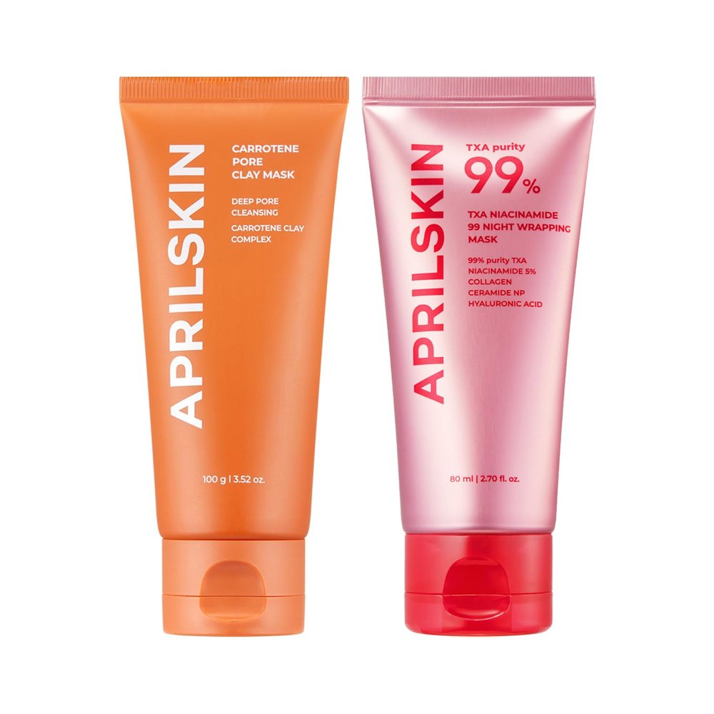 APRILSKIN Pore Care & Overnight Glow Duo: Carrotene IPMP 3-Min Quick Dry Pore Caring Clay Mask and TXA Niacinamide 99 Overnight Wrapping Mask