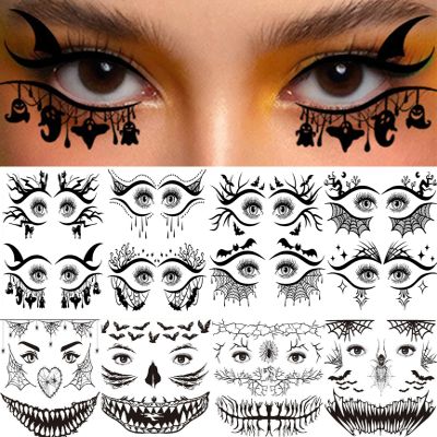 14 Sheets Halloween Decorations,Devil Face Tattoos Skeleton Mouth Spider Web Temporary Tattoo Stickers,Halloween Eyeliner Temporary Tattoos for Adults Halloween Party Favors