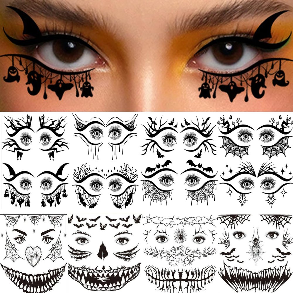 14 Sheets Halloween Decorations,Devil Face Tattoos Skeleton Mouth Spider Web Temporary Tattoo Stickers,Halloween Eyeliner Temporary Tattoos for Adults Halloween Party Favors